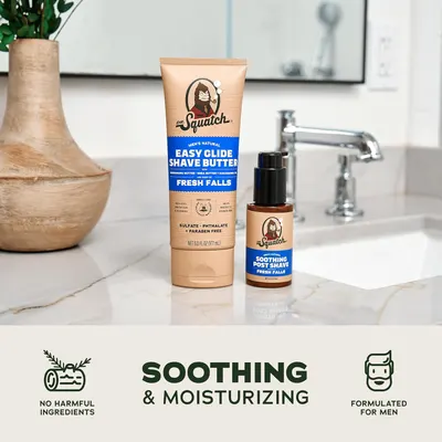Highlights multiple benefits of the shaving products, emphasizing their natural, soothing, and moisturizing properties for men's skincare.