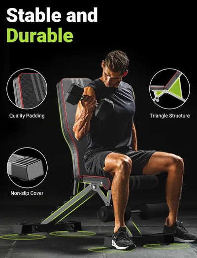 Highlights multiple features of the exercise bench to demonstrate its stability, durability, and safety for workouts.