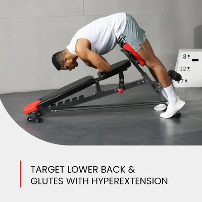 Demonstrates the correct form for performing a hyperextension exercise to target lower back and glutes muscles. Shows how to use the adjustable bench for specific muscle targeting, highlighting its…