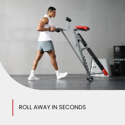 Demonstrates how quickly and easily the exercise equipment can be rolled away for storage, emphasizing its space-saving design.