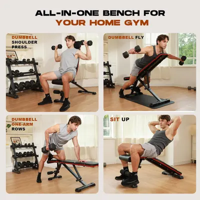 Demonstrates the versatility of the bench by showing different exercises that can be performed, highlighting its all-in-one functionality for a home gym setup.
