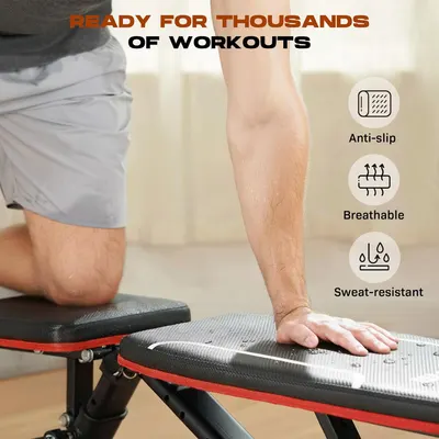 Highlights multiple key features of the workout bench to demonstrate its durability and comfort during intense exercise sessions.