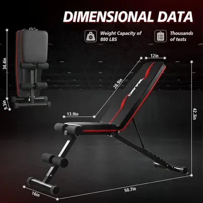 Provides exact measurements of the workout bench to help customers understand its size and fit in their space. Highlights the bench's weight capacity of 880 LBS to demonstrate its strength and…