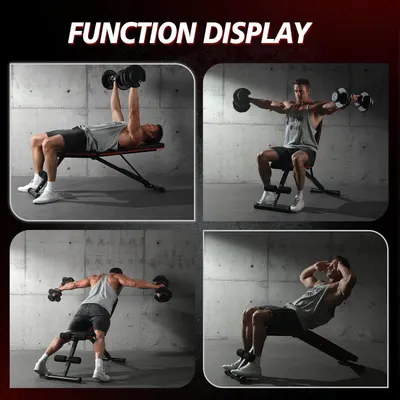 Demonstrates the versatility of the workout bench by showing different exercises that can be performed using it.