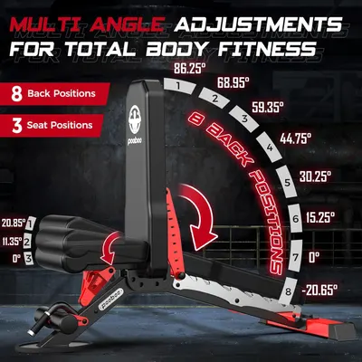 Demonstrates the product's versatility by showcasing its multiple adjustment angles for both back and seat positions, emphasizing its adaptability for various exercises.