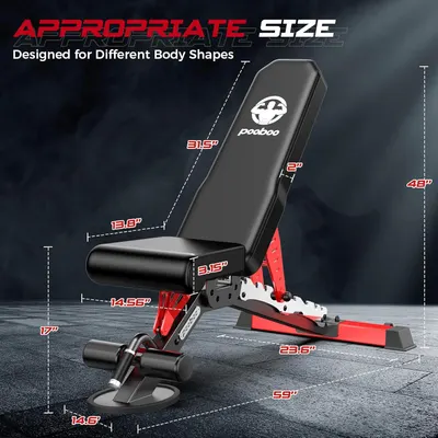 Provides detailed dimensions of the workout bench to show its appropriate size for different body shapes and exercises.