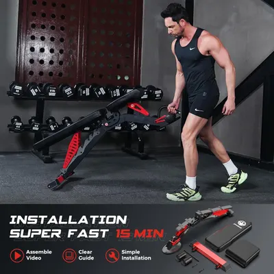 Demonstrates the ease and speed of setting up the exercise equipment, emphasizing the 15-minute installation time. Highlights the product's quick and easy assembly process to appeal to customers who…