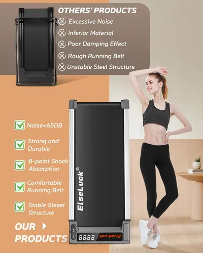 Highlights the superior features of the Elseluck treadmill compared to competitors, emphasizing its quieter operation, better materials, and more stable structure.