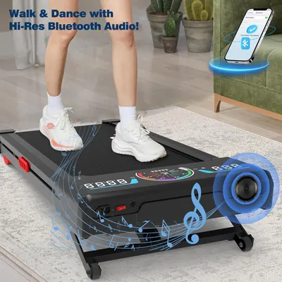 Highlights the treadmill's Bluetooth audio capability and its suitability for both walking and dancing, showcasing its versatility for different types of exercise.