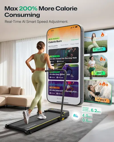 Showcases the treadmill's ability to maximize calorie burn through AI-powered speed adjustments and diverse workout options, appealing to users seeking efficient, customized fitness routines.