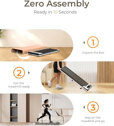 Demonstrates the quick and simple setup process for the treadmill, emphasizing its 'zero assembly' feature. Highlights the product's key benefit of being ready to use in just 10 seconds, appealing…