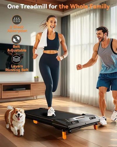 Demonstrates how the treadmill can be used by multiple family members, including pets, for convenient home workouts. Highlights multiple features of the treadmill that contribute to its comfort,…