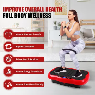 Highlights multiple health benefits of using the vibration platform, emphasizing overall wellness and specific improvements to various aspects of physical health.