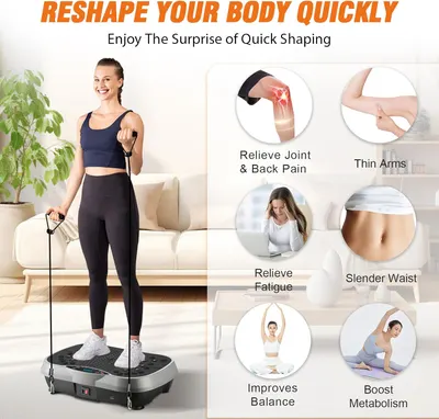 Showcases multiple benefits of the vibration platform, including body reshaping, pain relief, and overall fitness improvement to appeal to various customer needs.
