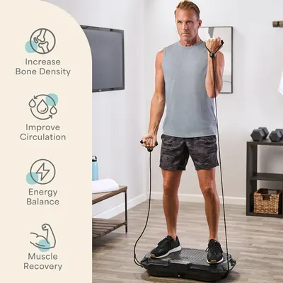 Highlights multiple health benefits of using the vibration platform, appealing to users looking for a comprehensive fitness solution.