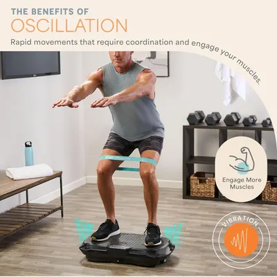 Highlights the specific benefit of oscillation in the exercise equipment, emphasizing how it engages more muscles through rapid movements and coordination.