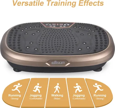 Demonstrates the different intensity levels and exercises possible with the vibration platform, from relaxed walking to intense running.