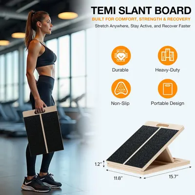 Highlights multiple key features of the Temi Slant Board to demonstrate its versatility and quality for fitness use.