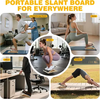 Demonstrates the versatility of the portable slant board by showing its use in various settings including physiotherapy, home, gym, office, and outdoors.