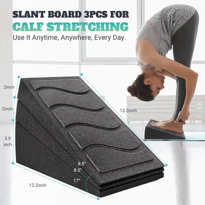 Demonstrates how to use the slant board for calf stretching, showing proper form and positioning. Provides exact measurements of the slant board to help customers understand its size and fit.