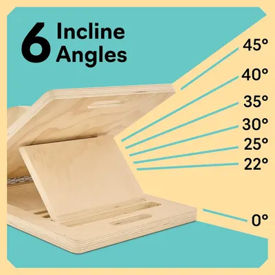 Highlights the product's ability to be adjusted to 6 different incline angles, demonstrating its versatility and ergonomic design.