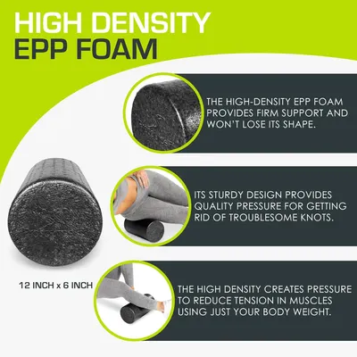 Highlights multiple benefits of the high-density EPP foam roller, including its firm support, shape retention, and ability to relieve muscle tension.