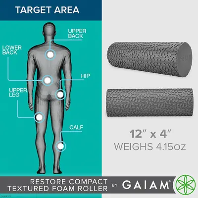 Illustrates the specific body areas the foam roller targets and provides product dimensions to inform the shopper about its size and weight. Communicates the product's exact dimensions and weight to…