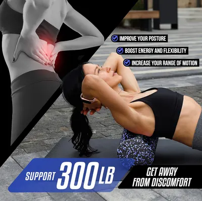Highlights multiple benefits of the product, including improved posture, increased energy and flexibility, enhanced range of motion, and relief from back discomfort.