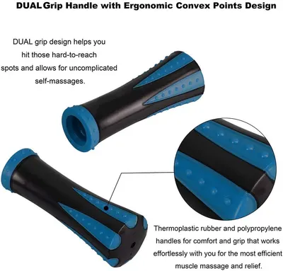 Highlights the product's ergonomic dual grip design to show how it improves usability and comfort during self-massage.