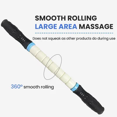 Highlights the product's smooth, quiet rolling action for large area massage, differentiating it from squeaky competitors.