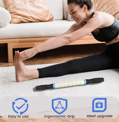 Highlights multiple benefits of the massage roller to show its value for at-home fitness and recovery. Shows the product being used in a real home setting to demonstrate its practicality for…