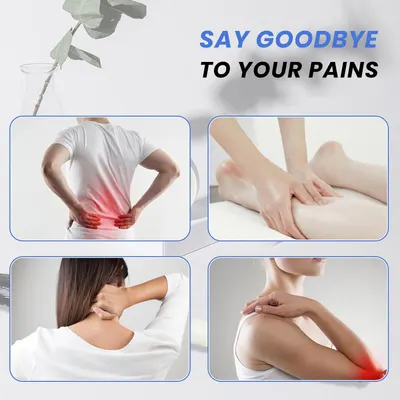 Showcases the product's ability to relieve pain in various parts of the body, including back, legs, neck, and arms.