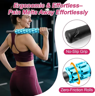 Highlights multiple features of the massage roller to show how it provides effortless pain relief and is easy to use.