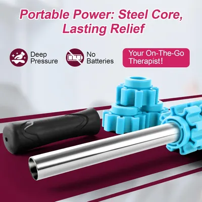 Highlights multiple key features of the massage tool to show its versatility and convenience for users seeking portable pain relief.