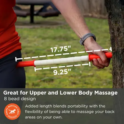 Shows the exact length of the massage stick to inform customers about its size and reach for self-massage. Demonstrates the versatility of the product for massaging different body areas, emphasizing…