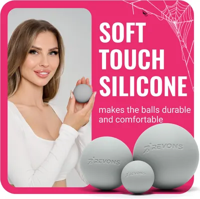Highlights the soft touch silicone material of the balls, emphasizing their durability and comfort for the user.
