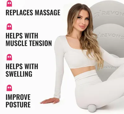 Highlights multiple health benefits of the product, including replacing massage, helping with muscle tension and swelling, and improving posture.