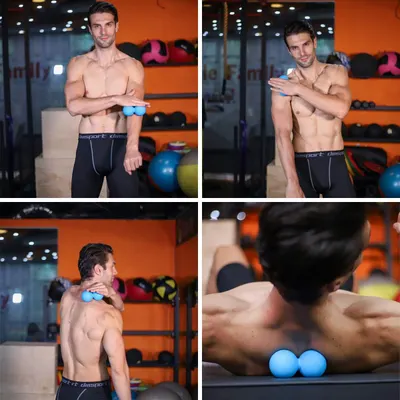 Demonstrates how to use massage balls for muscle relief in different body areas. Shows versatility of the massage balls by illustrating use on various muscle groups.