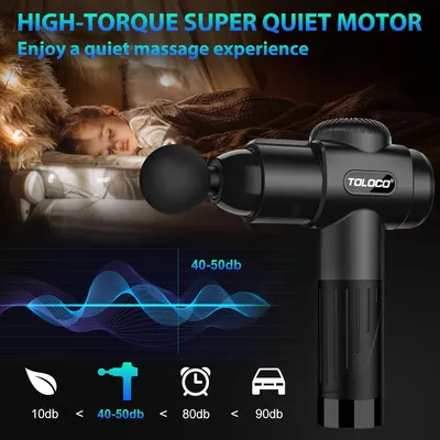 Highlights the massage gun's super quiet motor to reassure customers they can enjoy a peaceful massage experience without disturbing others.