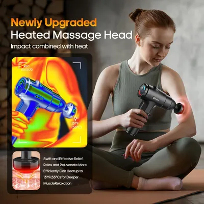 Highlights the product's newly upgraded heated massage feature, emphasizing the combination of impact and heat for effective muscle relief.
