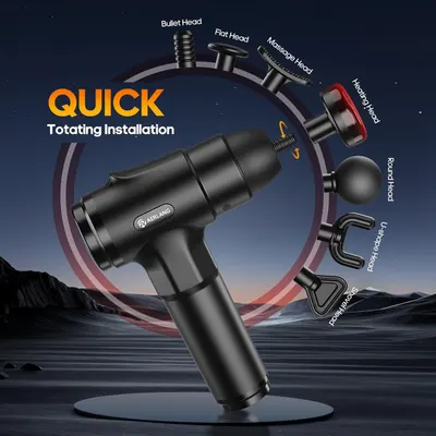 Demonstrates the ease of changing massage heads on the device, highlighting its versatility and user-friendly design. Shows the variety of massage heads included with the product, emphasizing its…
