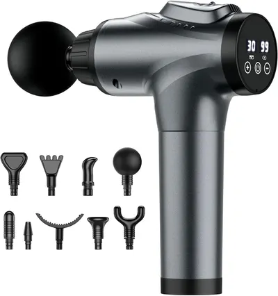 Shows the variety of massage attachments included with the main device, demonstrating versatility and value. Highlights the product's digital display for easy control and its ergonomic shape for…