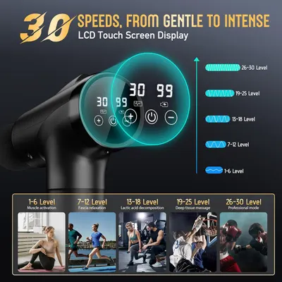 Showcases the product's 30 speed settings and LCD touch screen interface, emphasizing its versatility and ease of use for different massage intensities.