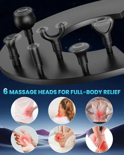 Showcases the variety of massage heads available and highlights the product's ability to provide relief for different body parts.