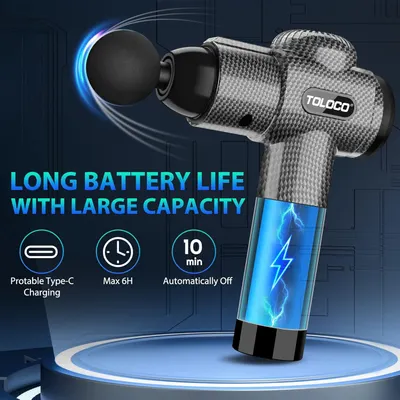 Highlights multiple key features of the massage gun, emphasizing its long-lasting battery and convenient charging options to reassure customers about its usability and endurance.