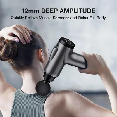 Highlights the product's 12mm deep amplitude feature to quickly relieve muscle soreness and relax the full body.