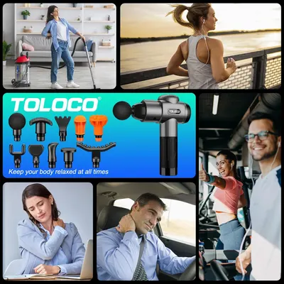 Demonstrates the various scenarios and activities where the massage gun can be used to relieve muscle tension and pain. Showcases the product's various attachments and emphasizes its ability to keep…