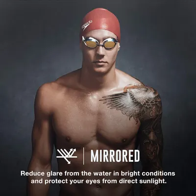 Highlights the mirrored lens feature of the swimming goggles, emphasizing their ability to reduce glare and protect eyes in bright conditions.