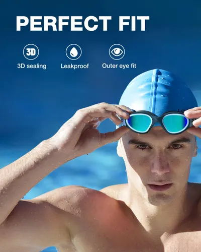 Highlights multiple features of the swimming goggles to demonstrate their superior fit and water-tight seal.