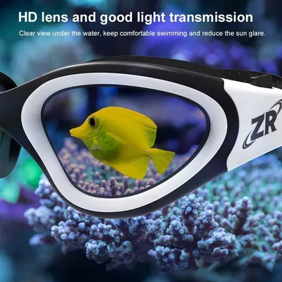 Highlights the clear underwater vision and sun glare reduction provided by the goggles' HD lens technology.